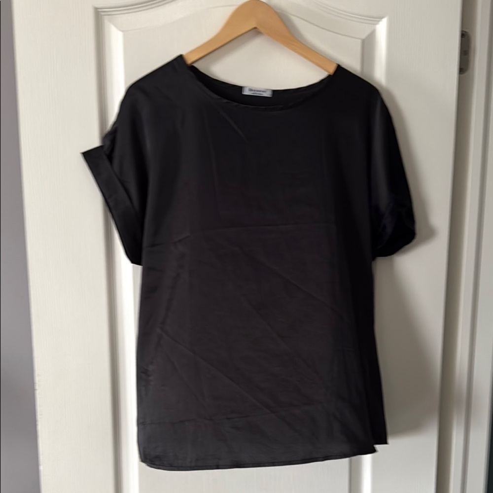 Black Satin Blouse Short Sleeve Size L Work Office Minimal Top